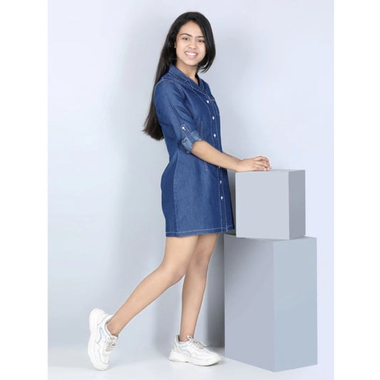 Generic Girl's Denim Solid Long Sleeve Shirt collar Dress (Blue)
