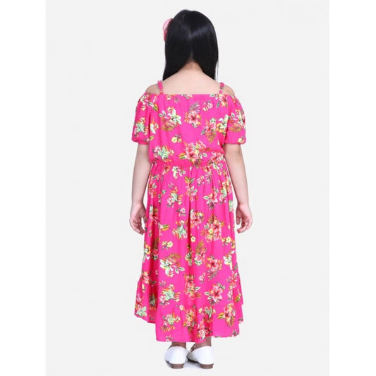 Generic Girl's Rayon Solid Short Sleeve Shoulder Straps Dress (Pink)