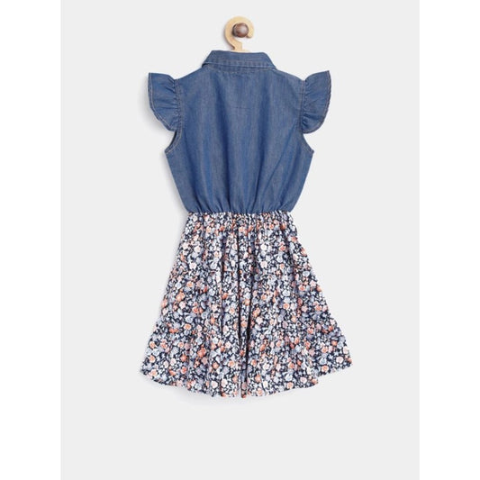 Generic Girl's Denim-Cotton Striped Flutter Shirt Collar Dress (Multicolor)