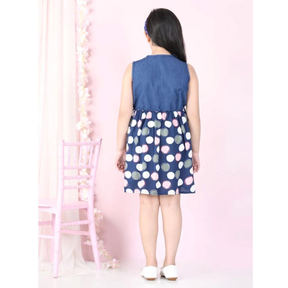 Generic Girl's Denim Rayon Printed Sleeveless Round Neck Dress (Blue)