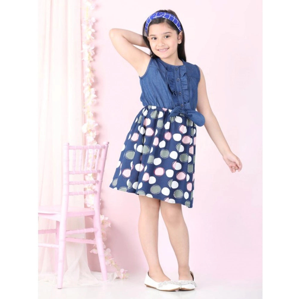 Generic Girl's Denim Rayon Printed Sleeveless Round Neck Dress (Blue)