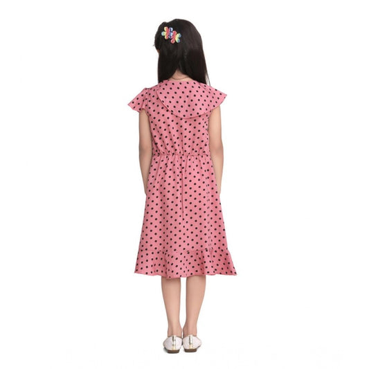 Generic Girl's Polyester Crepe Printed Flutter V-Neck Dress (Pink)
