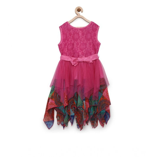 Generic Girl's Polyester Net Floral Printed Sleeveless Round Neck Dress (Multicolor)