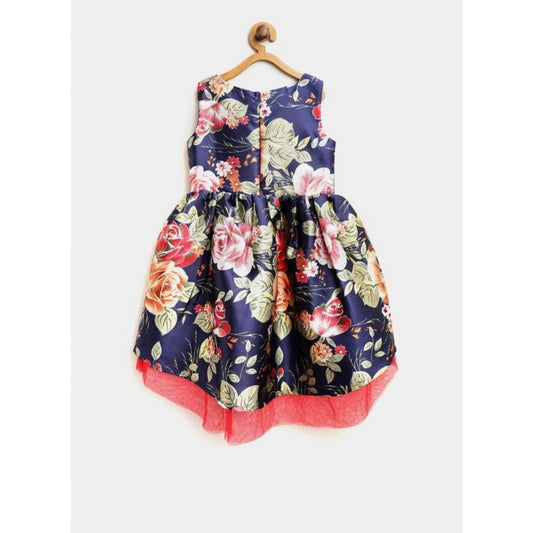 Generic Girl's Polyester Net Net Inset Sleeveless Round Neck Dress (Navy Blue)