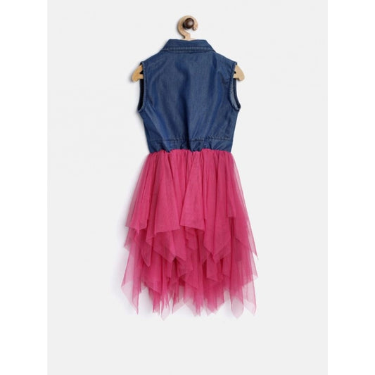 Generic Girl's Polyester Crepe-Net Solid Shoulder Straps Shirt collar Dress (Blue-Pink)