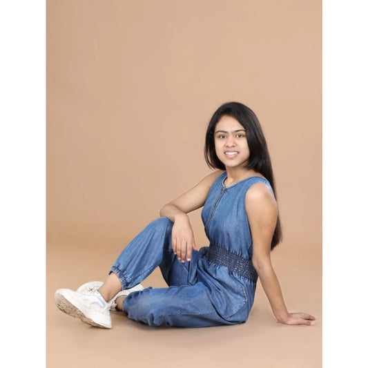 Generic Girl's Denim Solid Shoulder Straps V-Neck Dress (Blue)