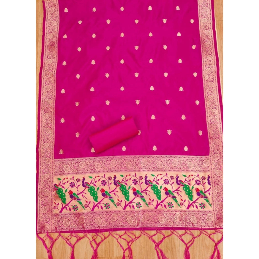 Generic Women's Banarasi Silk Printed Unstitched Salwar Suit Material With Dupatta (Pink, 3Mtrs)