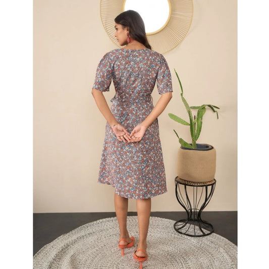 Generic Women's Polyester Moss Floral V-Neck Bell Sleeve Dress (Grey)