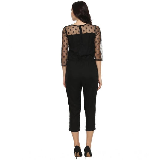 Generic Women's Polyester Self Design 3/4th Sleeve Jumpsuit (Black)