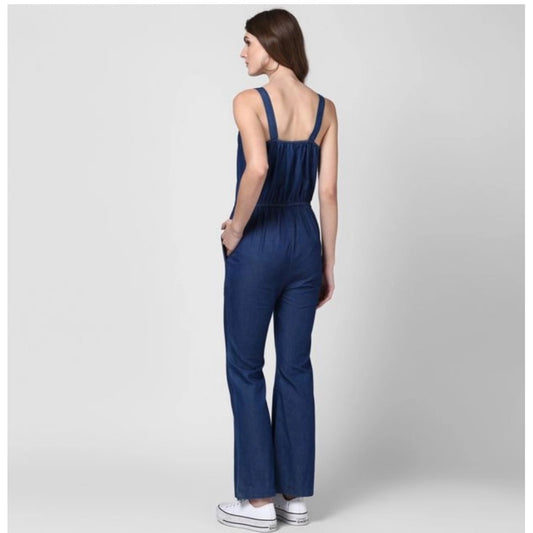 Generic Women's Denim Solid Shoulder Straps Jumpsuit (Blue)