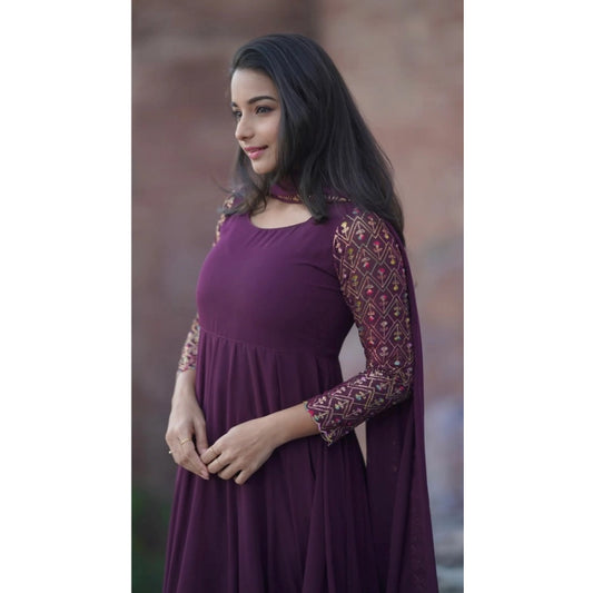 Generic Women's Georgette Embroidery 3-4th Sleeve Round Neck Kurti with Dupatta Set (Wine)