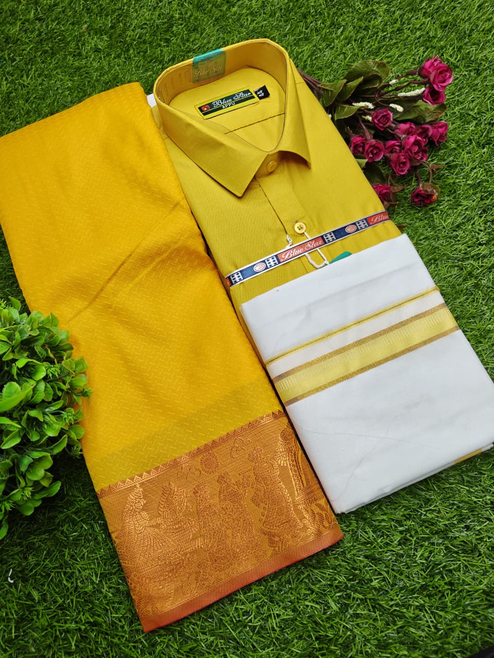 Semi Silk Saree, Cotton Dhoti & Shirt Combo Set GM005