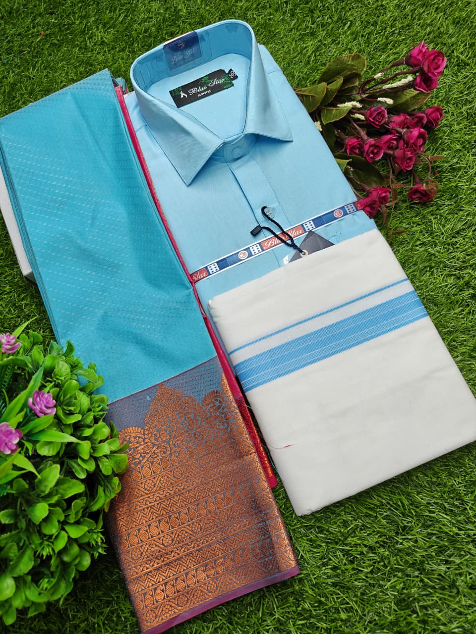 Semi Silk Saree, Cotton Dhoti & Shirt Combo Set GM006