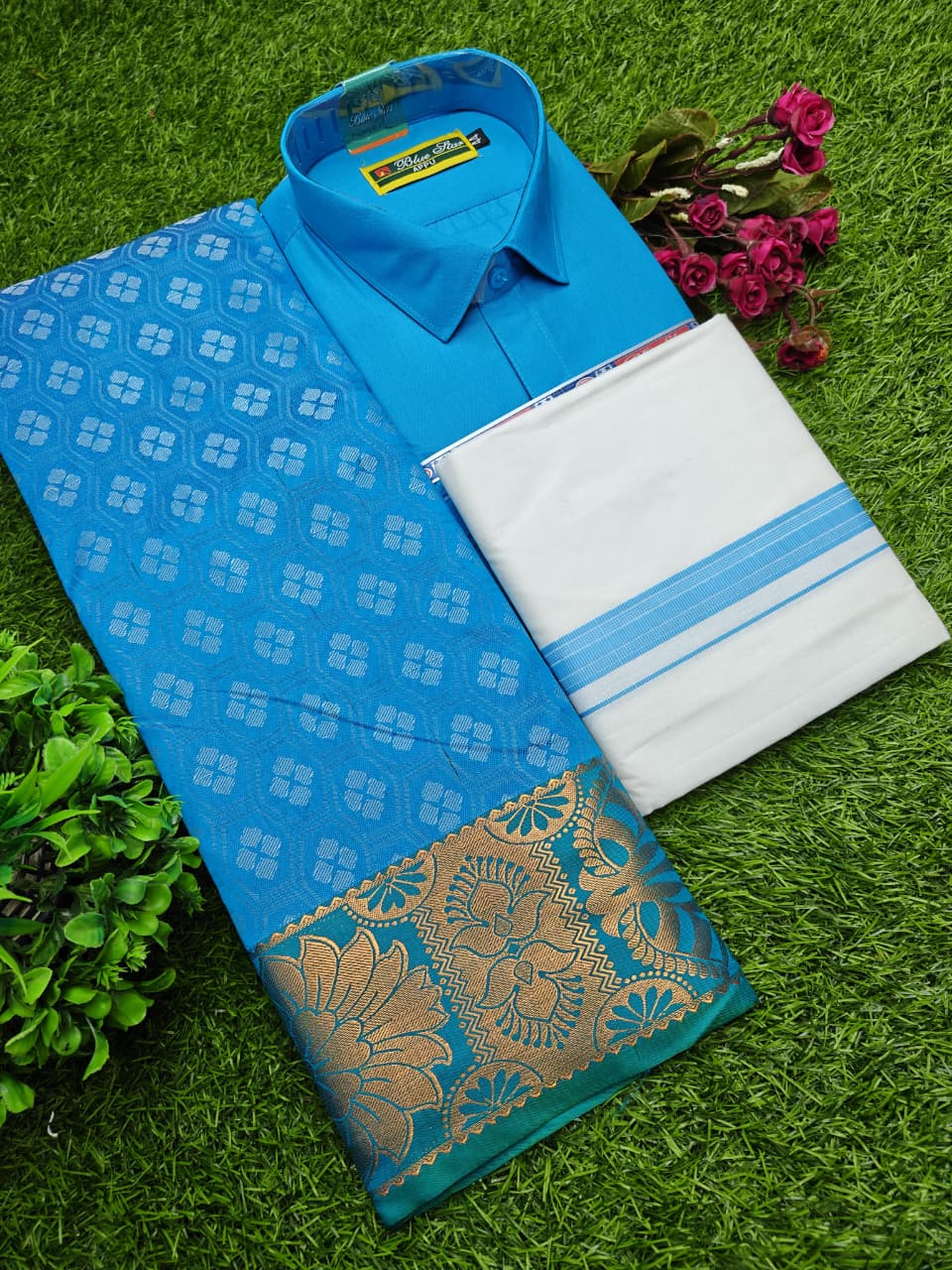 Semi Silk Saree, Cotton Dhoti & Shirt Combo Set GM007
