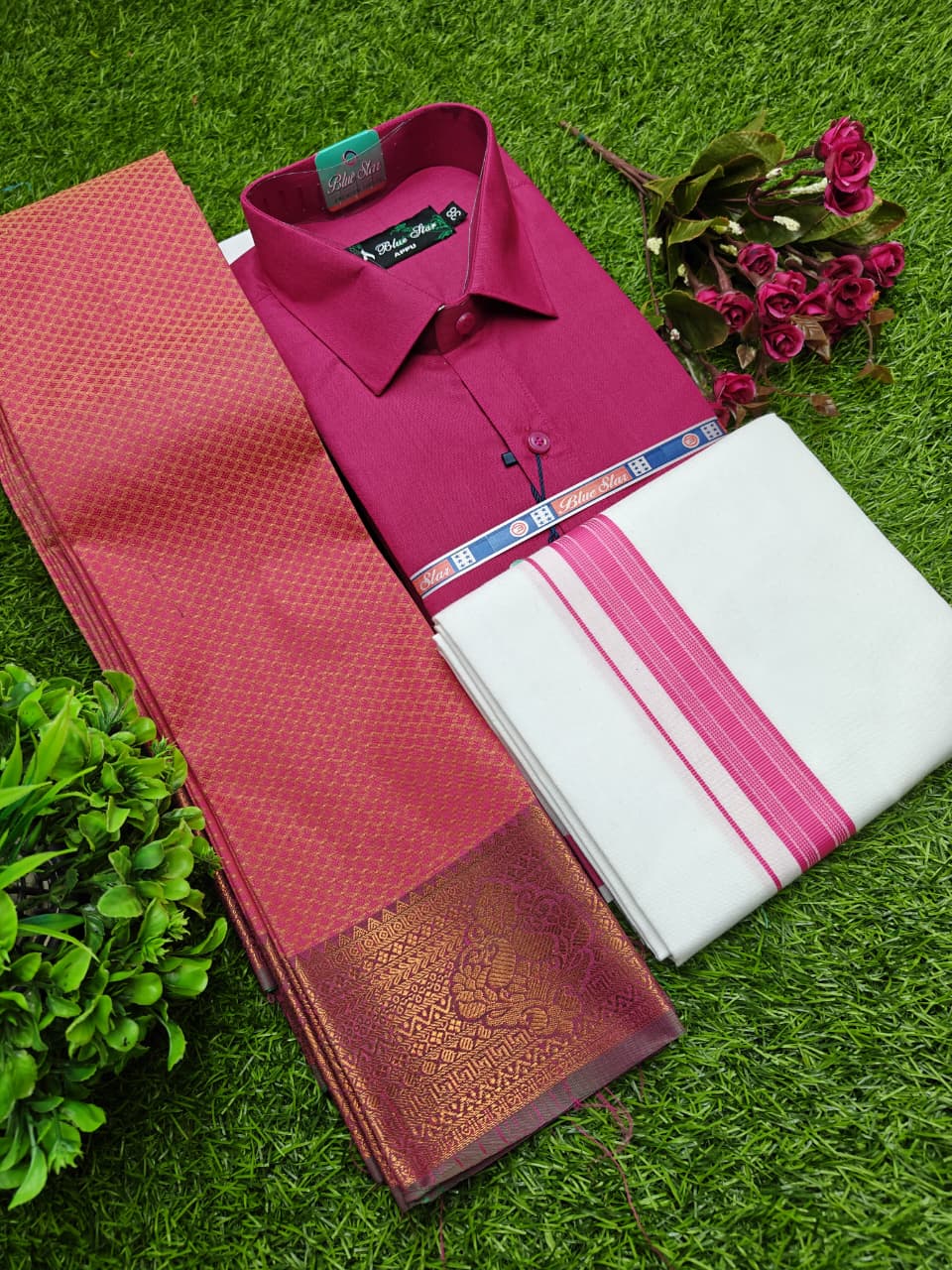 Semi Silk Saree, Cotton Dhoti & Shirt Combo Set GM008