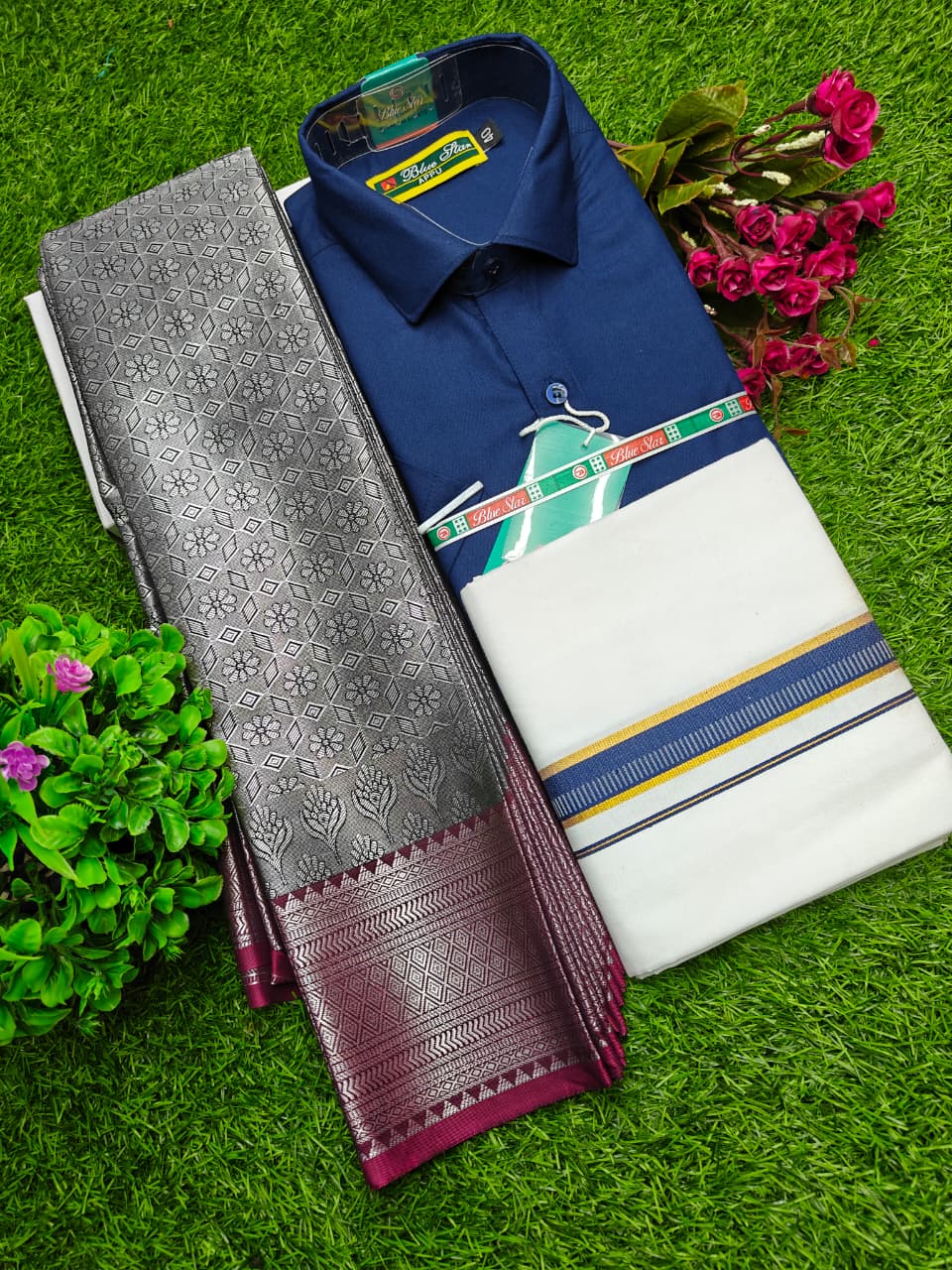 Semi Silk Saree, Dhoti & Shirt Combo Set GM012