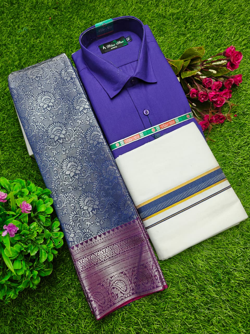 Semi Silk Saree, Dhoti & Shirt Combo Set GM014