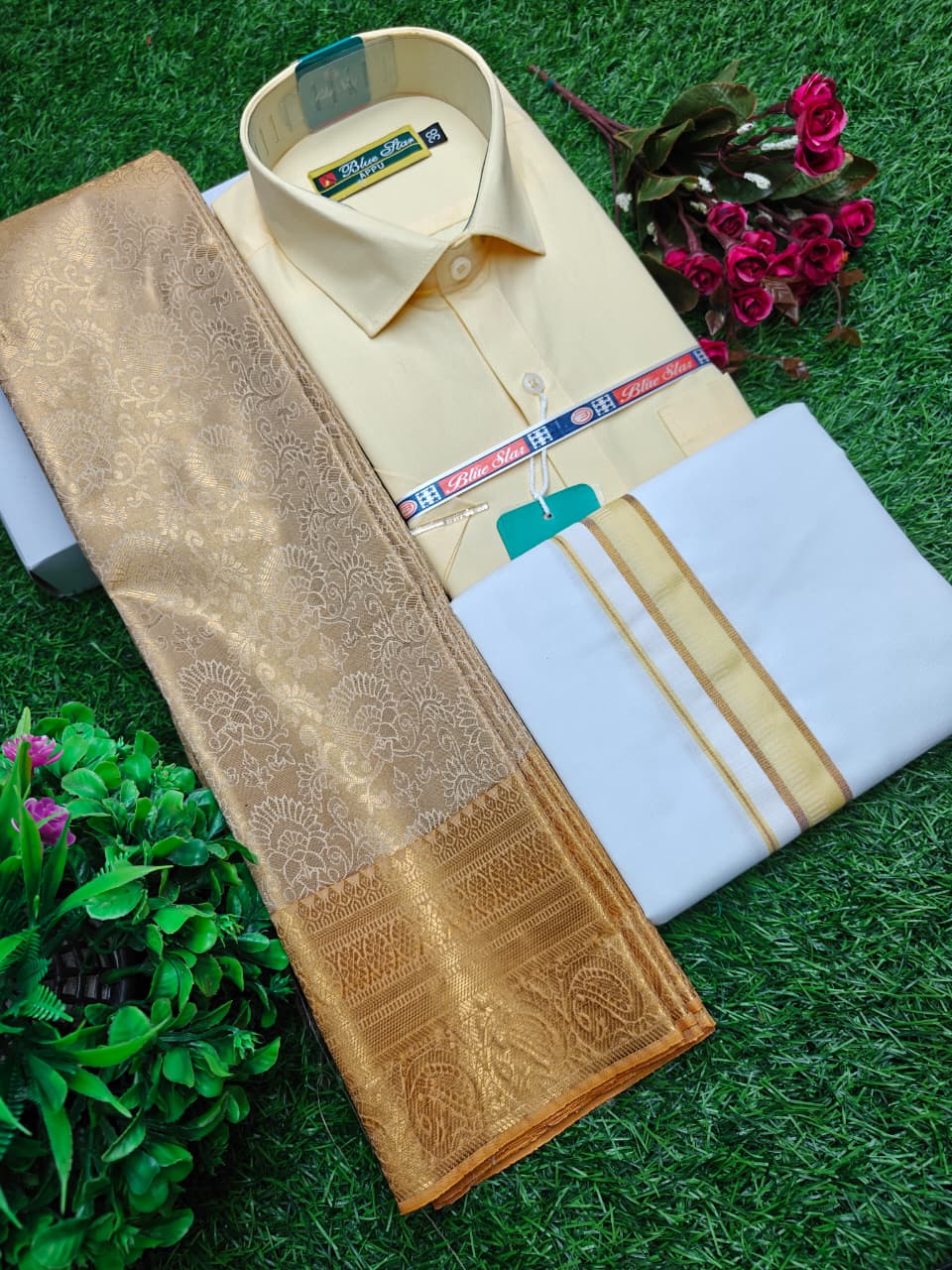 Semi Silk Saree, Dhoti & Shirt Combo Set GM017