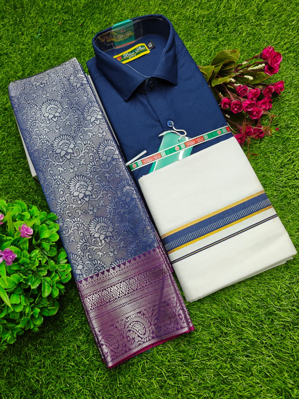 Semi Silk Saree, Dhoti & Shirt Combo Set GM019