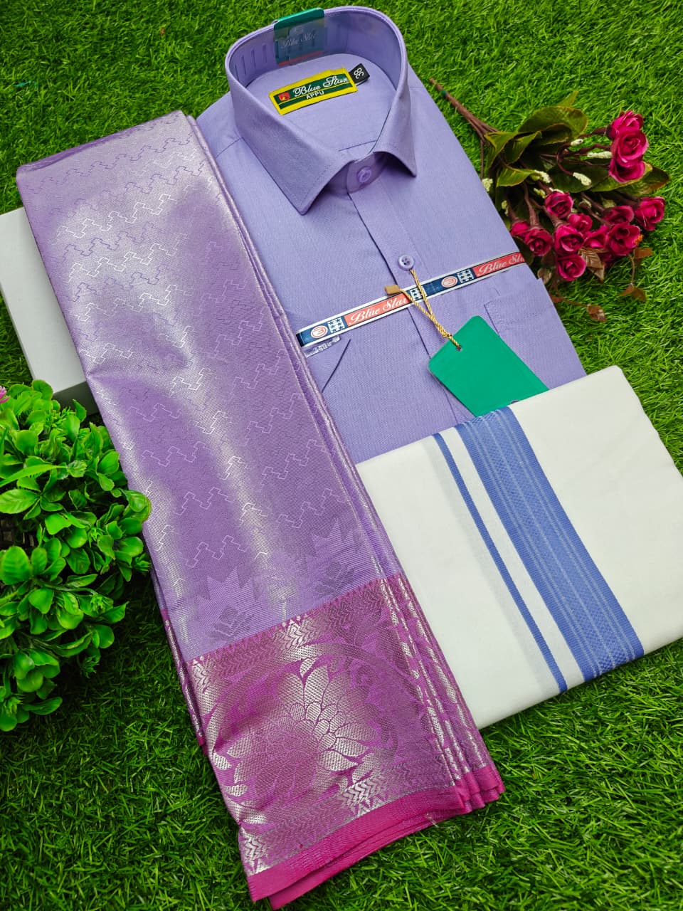 Semi Silk Saree, Dhoti & Shirt Combo Set GM020