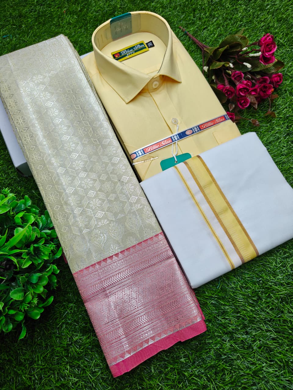 Semi Silk Saree, Dhoti & Shirt Combo Set GM021