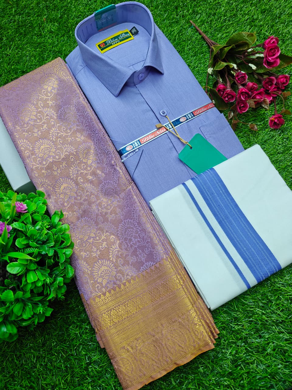 Semi Silk Saree, Dhoti & Shirt Combo Set GM022