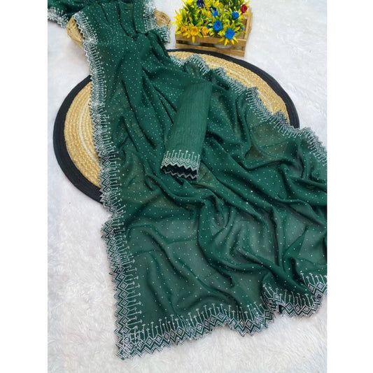 Generic Women's Georgette Stone Work Saree With Unstitched Blouse 5.5Mtr (Green)