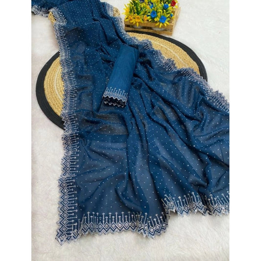 Generic Women's Georgette Stone Work Saree With Unstitched Blouse 5.5Mtr (Light Green)