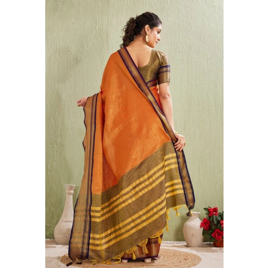 Generic Women's Silk Blended Jaquard Woven Saree With Unstitched Blouse 5.5Mtr (Orange)