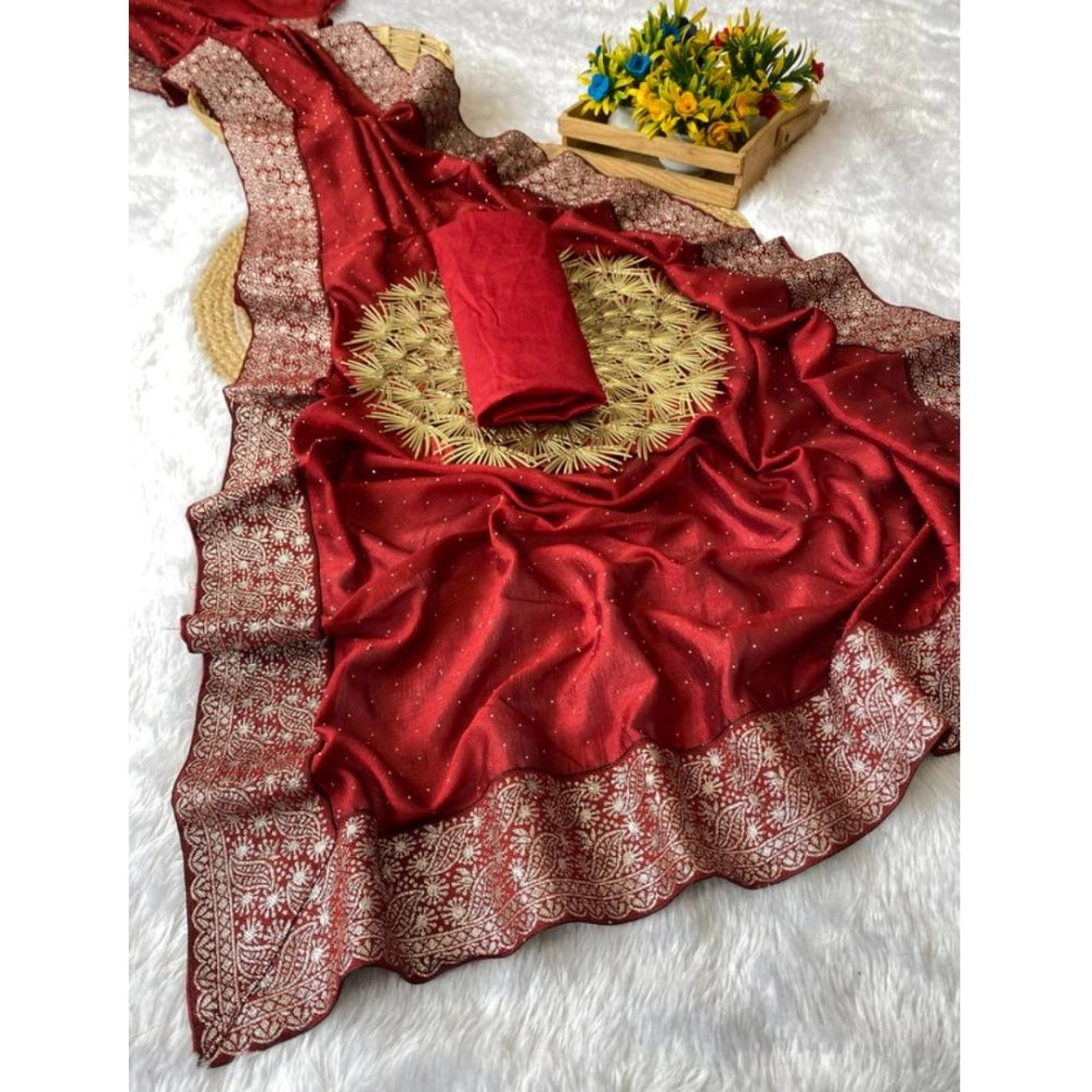 Generic Women's Silk Embroidred Saree With Unstitched Blouse 5.5Mtr (Red)