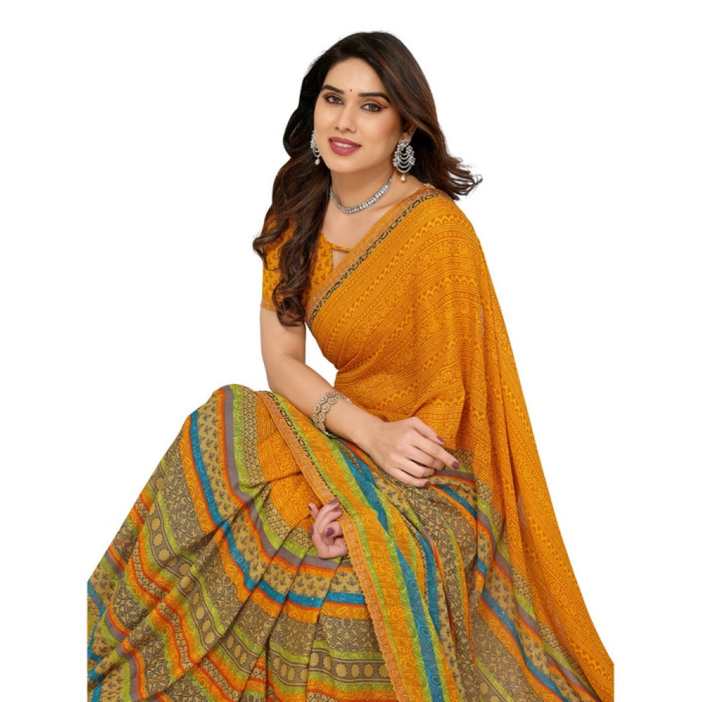 Generic Women's Georgette Printed Saree With Unstitched Blouse 5.5Mtr (Mustard)