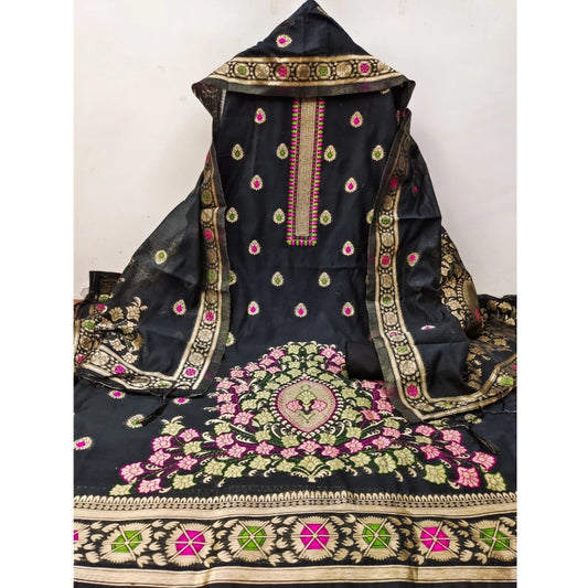 Generic Women's Banarasi Silk Printed Unstitched Salwar Suit Material With Dupatta (Black, 3Mtrs)