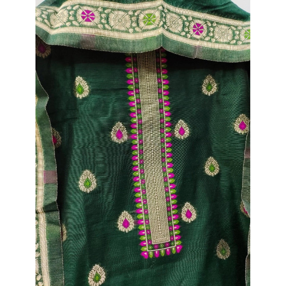 Generic Women's Banarasi Silk Printed Unstitched Salwar Suit Material With Dupatta (Bottle Green, 3Mtrs)