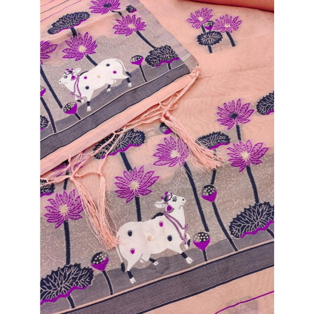 Generic Women's Banarasi Silk Printed Unstitched Salwar Suit Material With Dupatta (Peach, 3Mtrs)