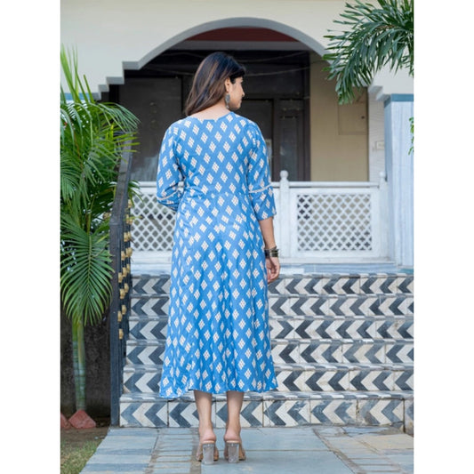 Generic Women's Rayon Print With Embroidery Work A-Line Kurti (Sky Blue)