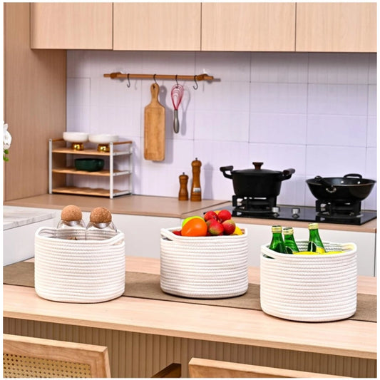 Generic Cotton 9x7 Inch Pack of 3 Storage Basket For Clothes (White)