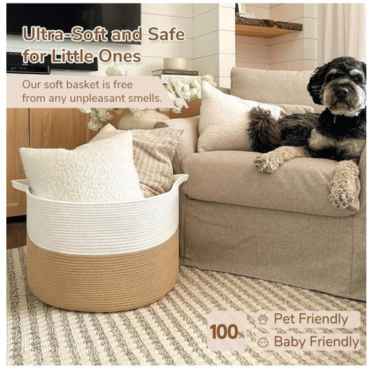 Generic Cotton 16x14 Inch Pack of 1 Storage Basket For Clothes (Beige-White)