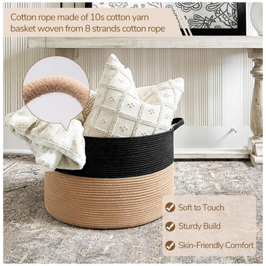 Generic Cotton 16x14 Inch Pack of 1 Storage Basket For Clothes (Black-Beige)