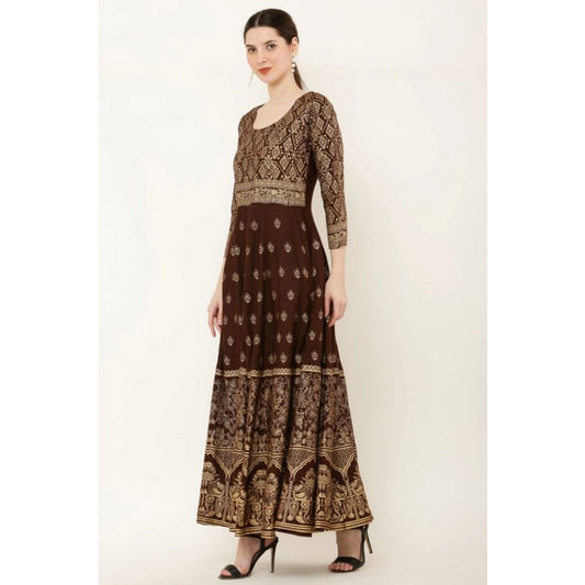 Generic Women's Casual Rayon 3-4th Sleeves Anarkali Kurti (Brown)