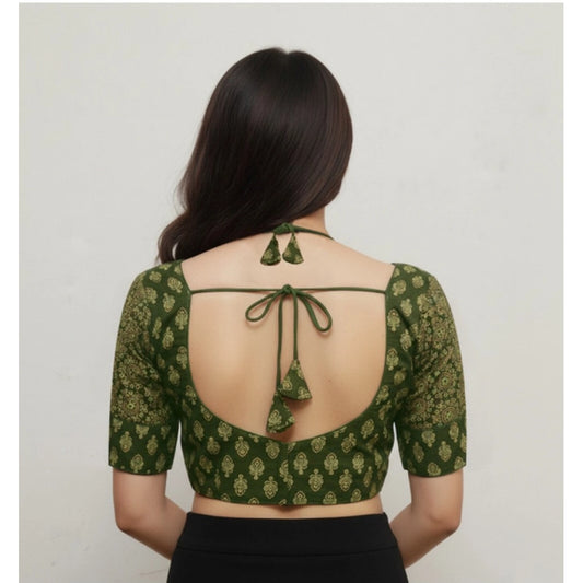 Generic Women's Ajrakh Cotton Printed Sweetheart Padded Blouse (Olive 38 Ready (Self Alterable 36–40)