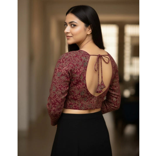 Generic Women's Ajrakh Cotton Printed V-Neck Padded Blouse (Maroon 38 Ready (Self Alterable 36–40)