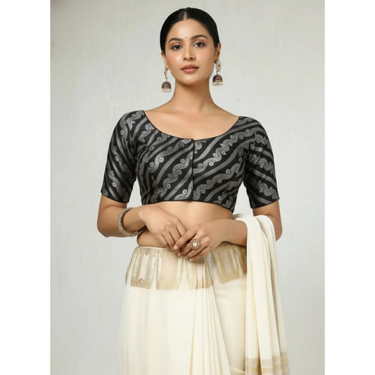 Generic Women's Jacquard Zari Round Neck Padded Blouse (Black 38 Ready (Self Alterable 36–40)