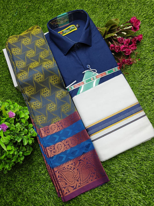 Semi Silk Saree, Cotton Dhoti & Shirt Combo Set GM001
