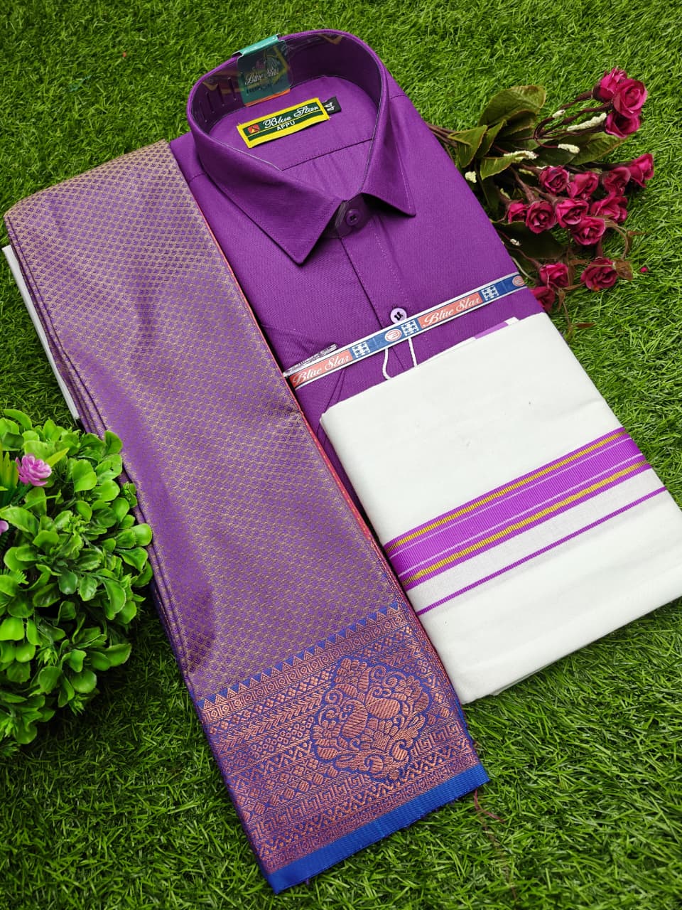 Semi Silk Saree, Cotton Dhoti & Shirt Combo Set  GM002