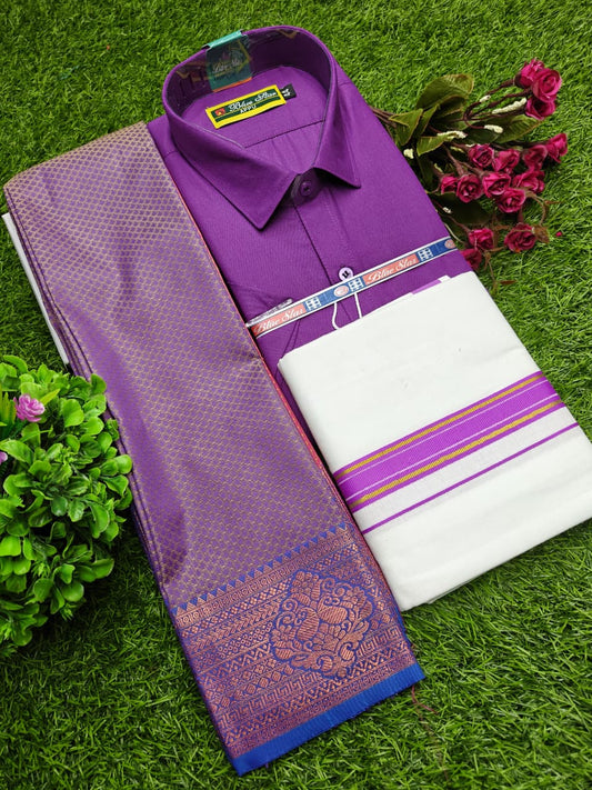Semi Silk Saree, Cotton Dhoti & Shirt Combo Set  GM002