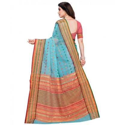 Generic Women's Kota Doria Cotton Woven Butta Saree With Blouse (Sky Blue, 5-6 Mtrs)