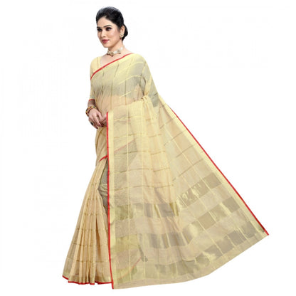 Generic Women's Kota Doria Cotton Checked Saree With Blouse (Beige, 5-6 Mtrs)