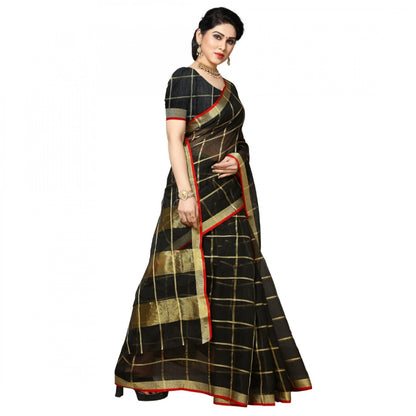 Generic Women's Kota Doria Cotton Checked Saree With Blouse (Black, 5-6 Mtrs)
