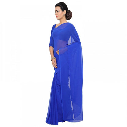 Generic Women's Georgette Plain Saree With Blouse (Royal Blue, 5-6 Mtrs)