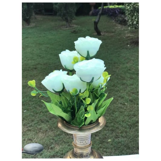 Generic Artificial Flowers Bunch Bouquet Of 6 Garden Roses For Home Decoration (Color: White, Material: Silk Polyester)